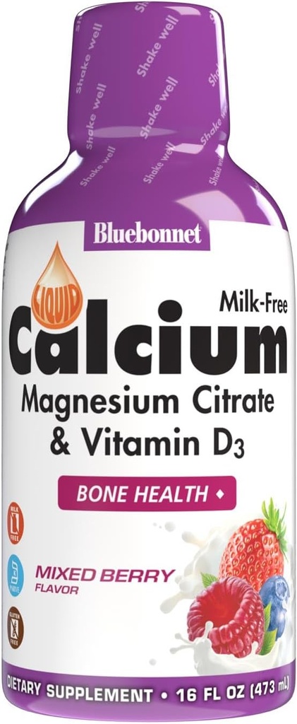 Bluebonnet Nutrition Flydende Calcium Citrat, Magnesium, D3-vitamin, Knoglesundhed, Gluten Free, Soy Free, Milk Free, Kosher, 16 fl oz, 32 Servering, Blandede Berry Flavor