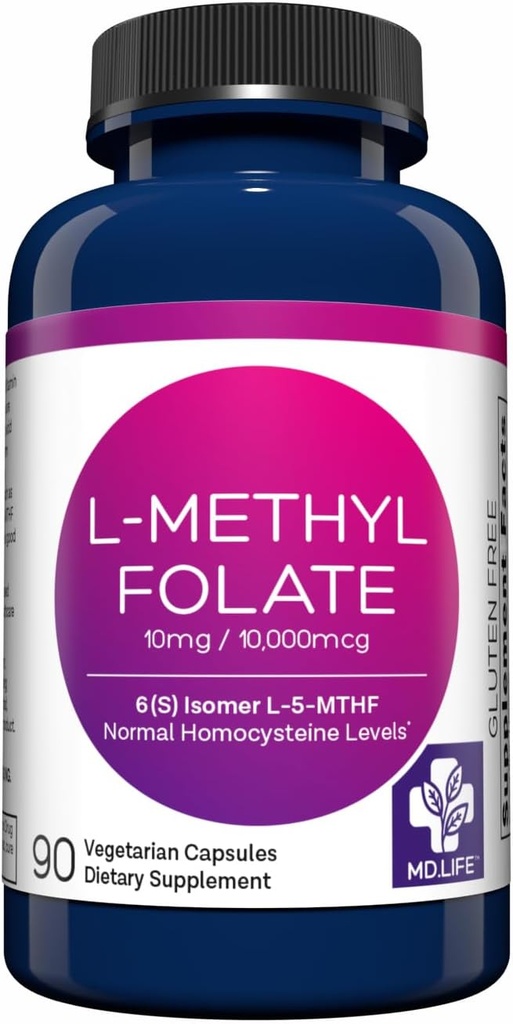 MD Life L- Methylfolat 10 mg Supplement - Professionel - Grade Aktiv L Methylfolat Supplement - 90 Kapsler - L- Methylfolat 10mg - Maksimal potens MTHFR W / essentielle aminosyrer