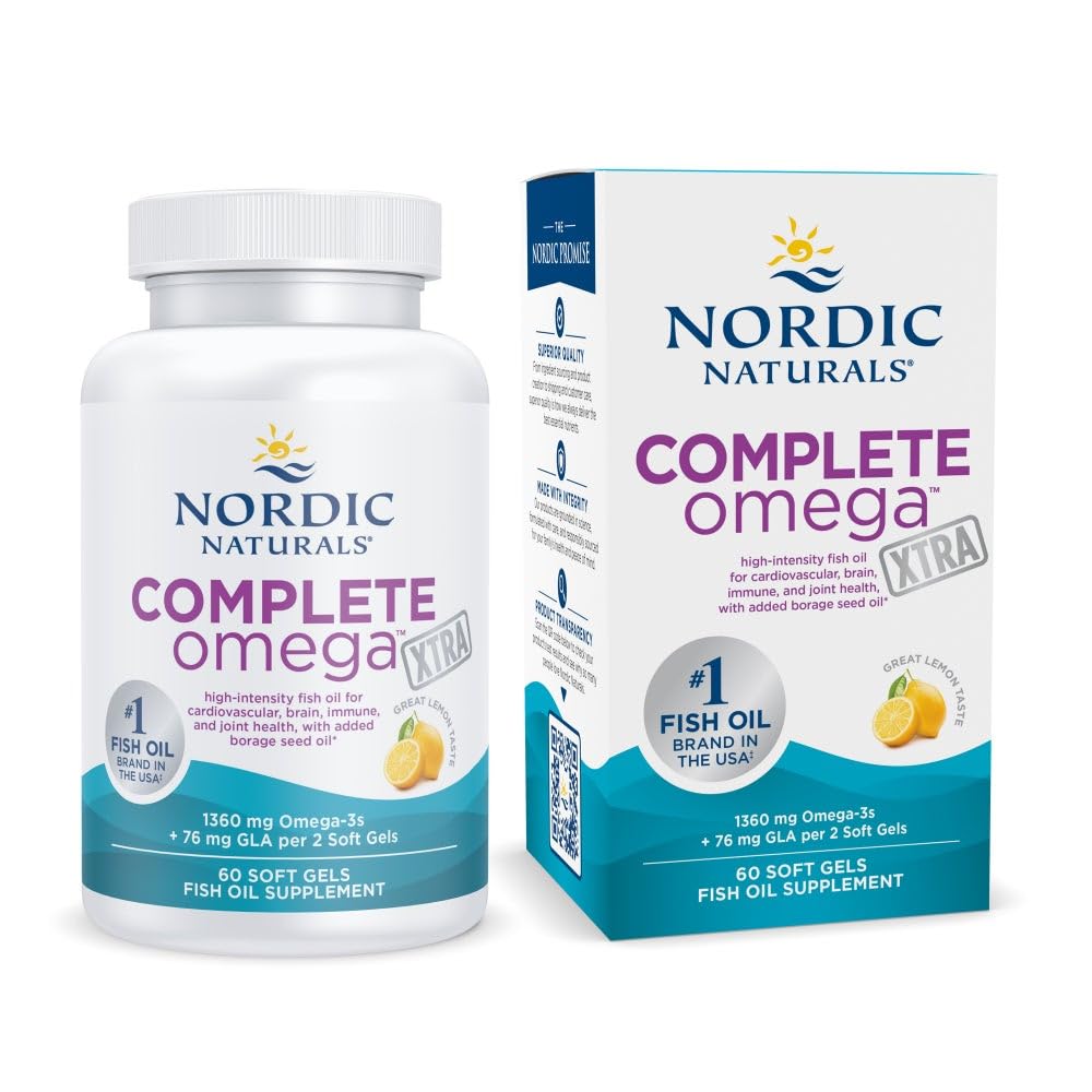 Nordic Naturals Complete Omega Xtra, Lemon - 60 Soft Gels - 1360 mg Omega-3 + 76 mg GLA - Sund hud - Kognition - ikke-GMO - 30 Servering