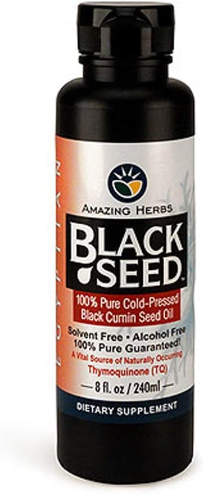 Amazing Herbs Egyptian Black Seed Oil - Gluten Free, Non GMO, Cold Pressed Nigella Sativa aids i fordøjelsessygdomme, immunforsvar, hjernefunktion, Mild Flavor - 8 Fl Oz