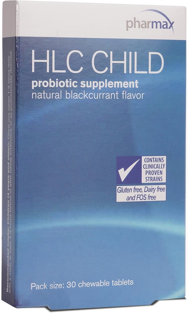 Pharmax HLC Child- > 124; probiotisk tilskud til børn > 124; 30 tyggetabletter > 124; naturlig solbær