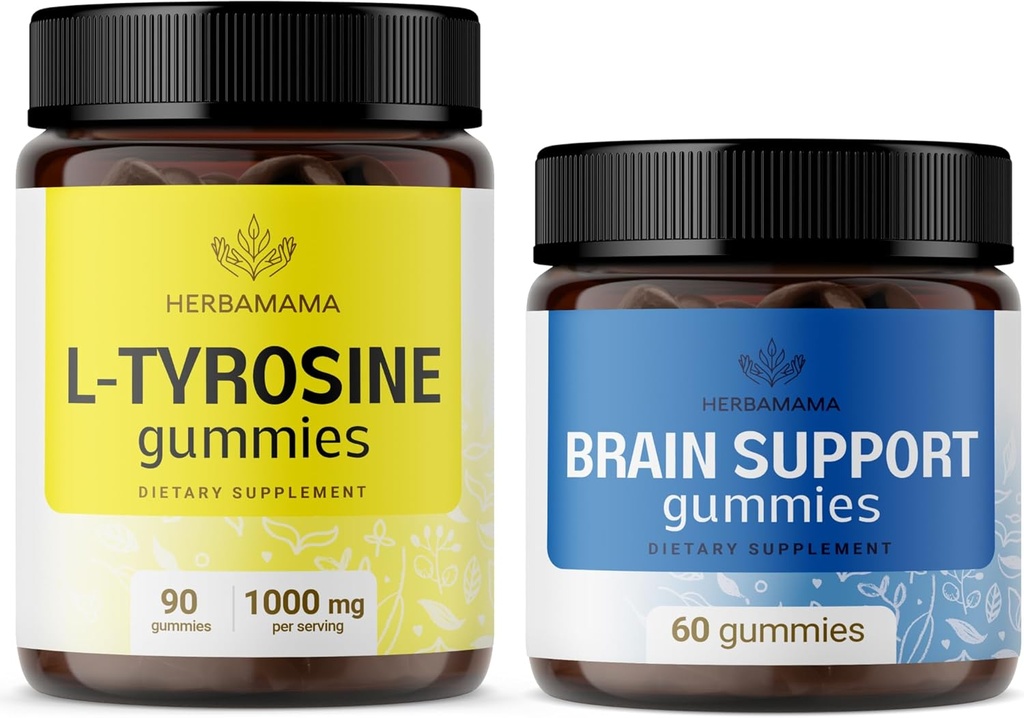 HERBAMAMA L- Tyrosine and Brain Support Kit - Bundle of 1000 mg L- Tyrosine & Brain Support Complex Gummies - Vegan, Non- GMO, Gelatin- Free - 2 Pack