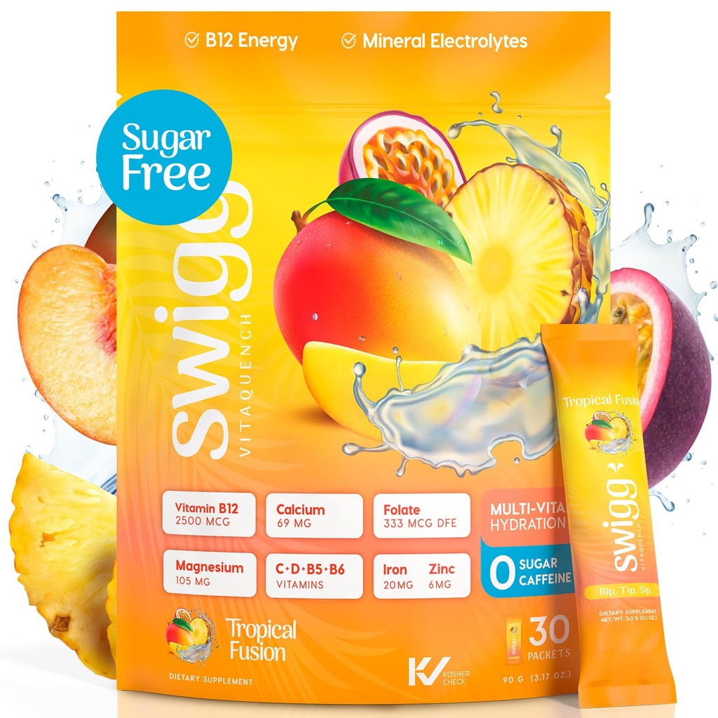 Swigg Electrolytes Powder Packets - Ingen Sukker Multivitamin Hydration Powder, Sukker Free Electrolyte Drink Mix med B12-vitamin, B5, B6, C, D og Folate, Multi Vitamin Vand, Tropical Fusion - 30 sticks