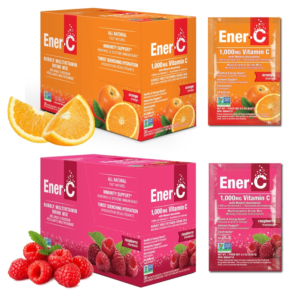 Energi- C Orange & Raspberry Multivitamin Drink Mix Powder Vitamin C 1000mg & Elektrolyter med Real Fruit Juice Natural Energy & Immune Support til kvinder & Mænd - Non- GMO Vegan & Gluten Free - 60 Greve
