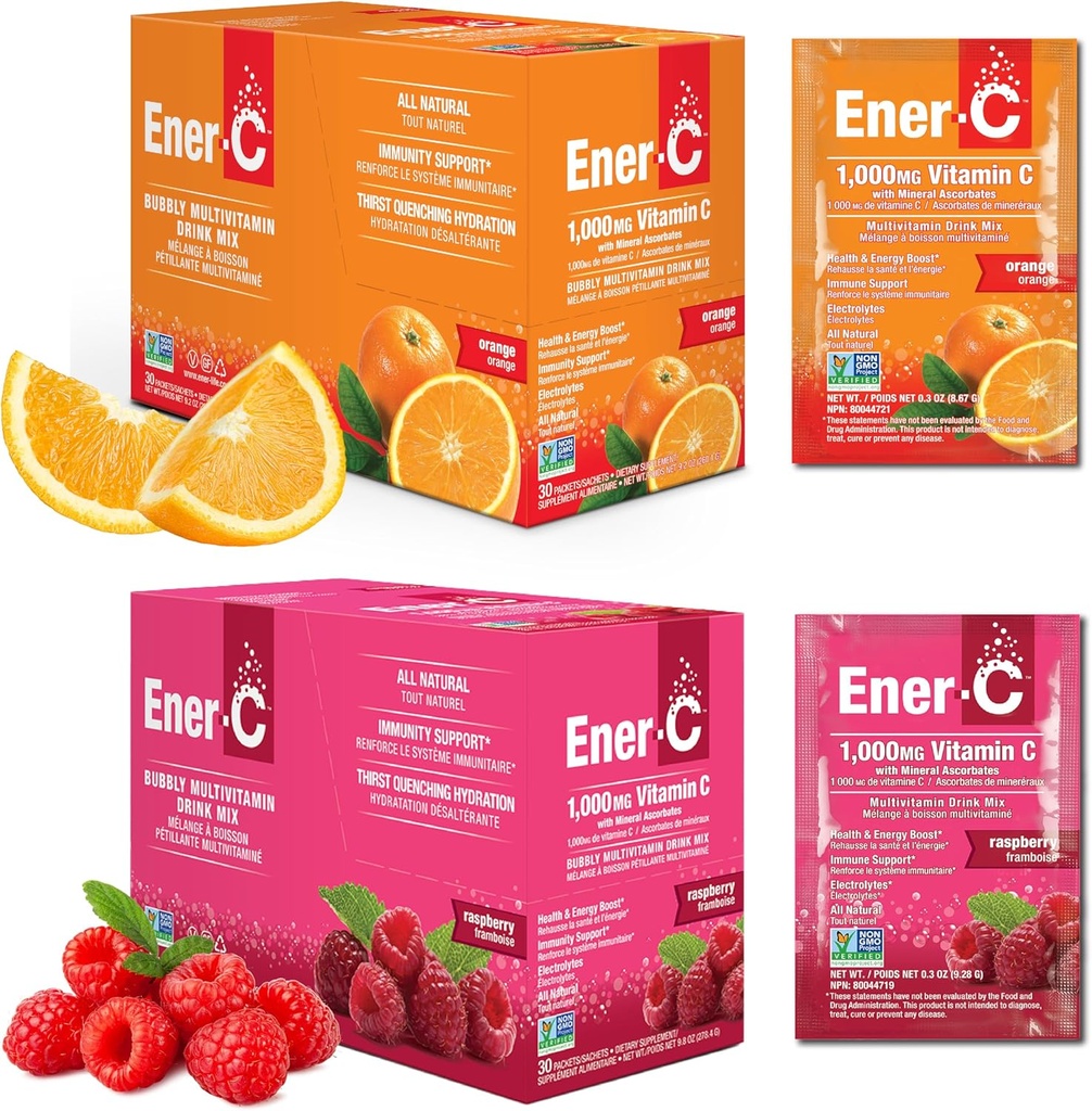 Energi- C Orange & Raspberry Multivitamin Drink Mix Powder Vitamin C 1000mg & Elektrolyter med Real Fruit Juice Natural Energy & Immune Support til kvinder & Mænd - Non- GMO Vegan & Gluten Free - 60 Greve