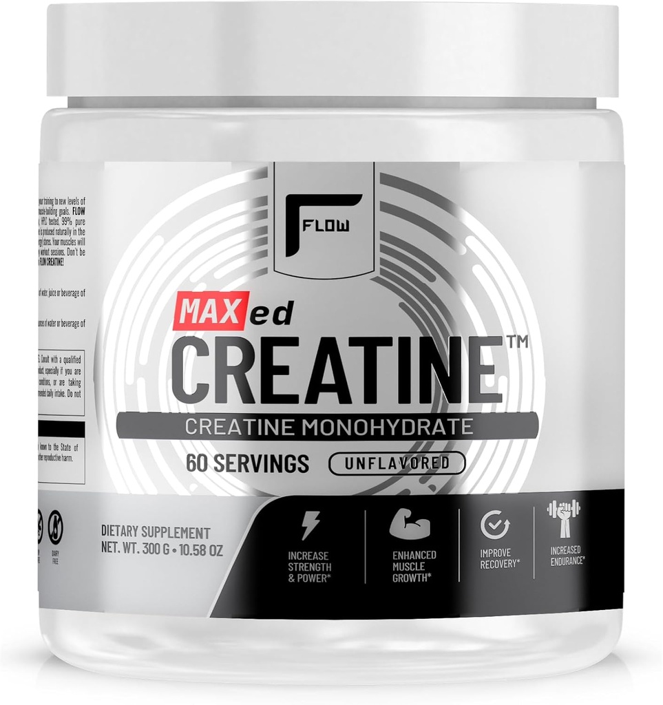 MAXed Creatin ® monohydrat - Mikroniseret, 60 Servering, Unflavored - 300g, Muscle Endurance, Recovery, Stamina - Fremstillet i en NSF Certified GMP facilitet.