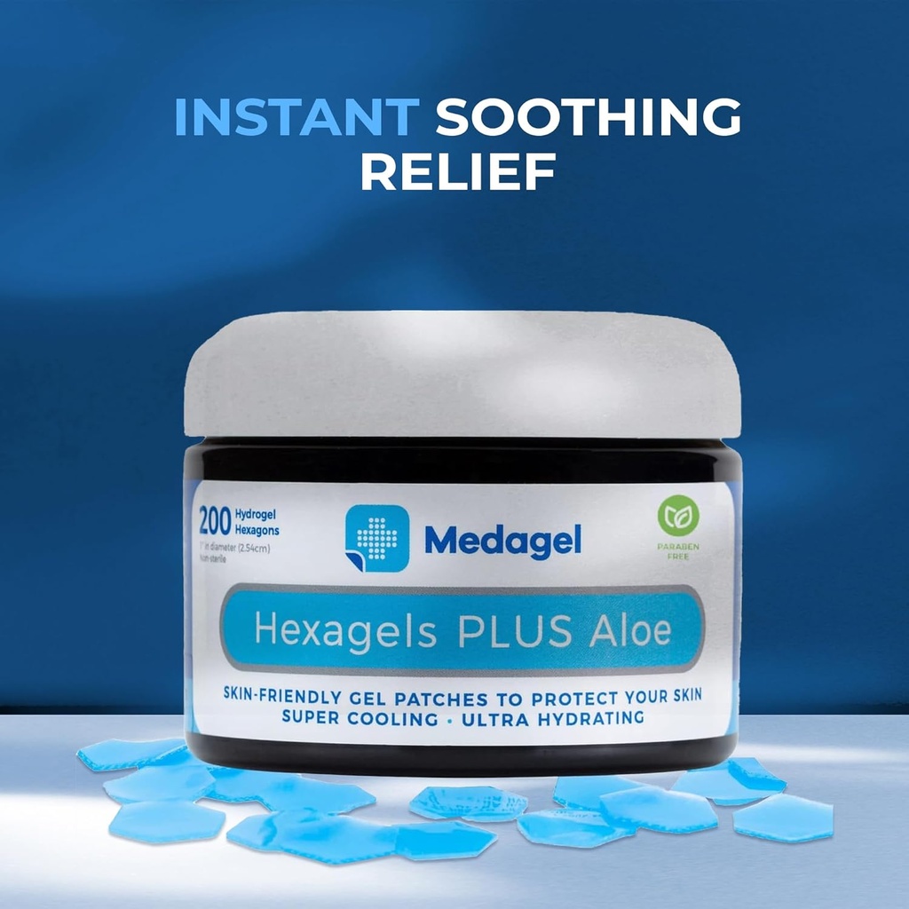 Hexagels Plus Aloe Vera - Advanced Healing Hydrogel Pads for Blister Prevention & Lindrende Burn Care - Foot, Heel, Toe, & Ankle Protection, Pack of 200, 1- Inch Patches, by Medagel, Paraben Free