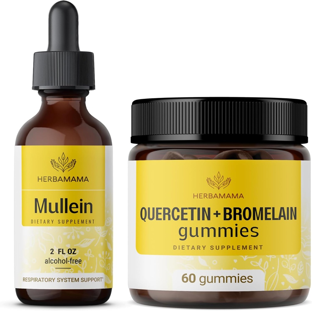 HERBAMAMA Mullein Leaf Extract og Quercetin Gummies Kit - Bundle of Mullein Leaf Drops 2 fl oz og 800 mg Quercetin med Bromelain Gummies - Vegan, Non- GMO, Alkohol- Free - 2 Pack