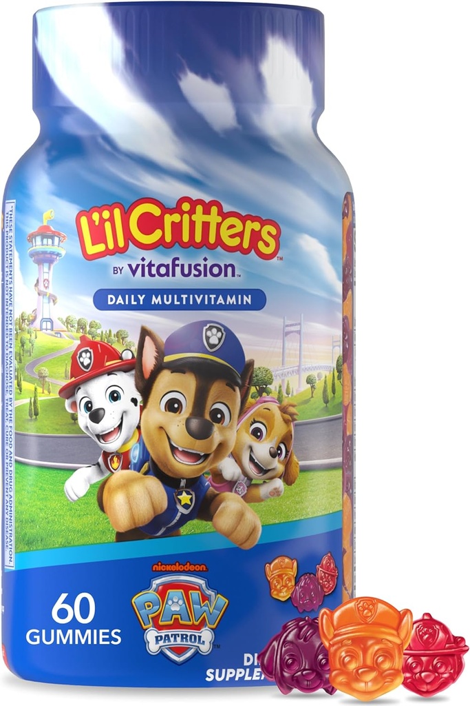 L 'il Critters Paw Patrol Gummy Vites Daily Gummy Multivitamin til børn, C-vitamin, D3 for immunforsvar Cherry, Orange og blåbær Flavors, 60 Gummies