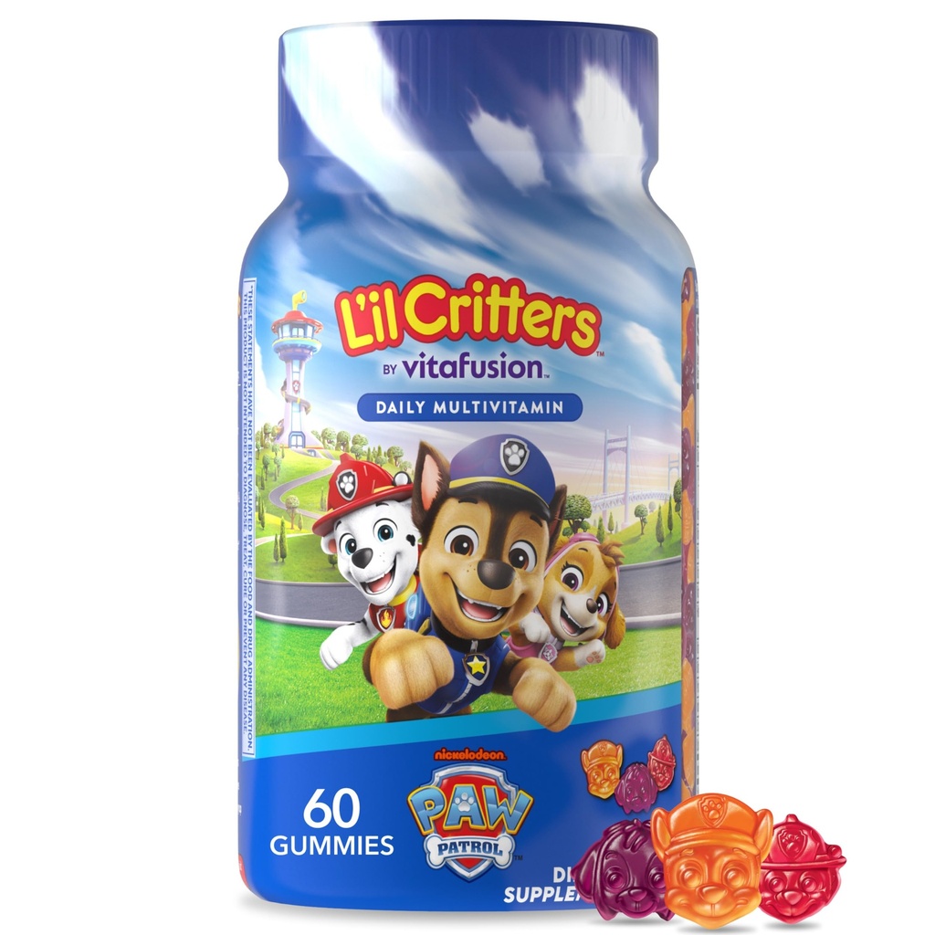 L 'il Critters Paw Patrol Gummy Vites Daily Gummy Multivitamin til børn, C-vitamin, D3 for immunforsvar Cherry, Orange og blåbær Flavors, 60 Gummies