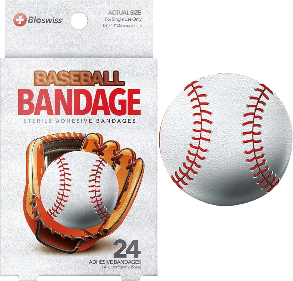 BioSwiss Kids Bandages, Baseball Shaped Self Adhesive Bandage Set, Latex Free, Steril Sårpleje, 24 Greve
