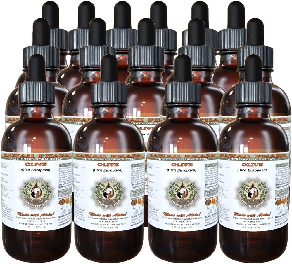 Hawaii iPharm Olive (Olea europaea) Økologisk tørret blade Veterinær naturlig alkohol-fri flydende ekstrakt, Pet Herbal Supplement 15x4 oz