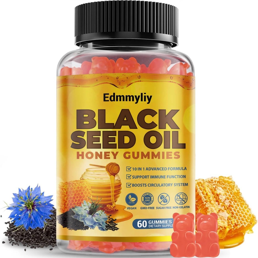 Black Seed Oil & Honey Gummies - Black Seed Oil 500mg med Biotin, Ashwagandha Extract, Gurkemeje Extract, C-vitamin & B6 - understøtter immunforsvar og fordøjelse
