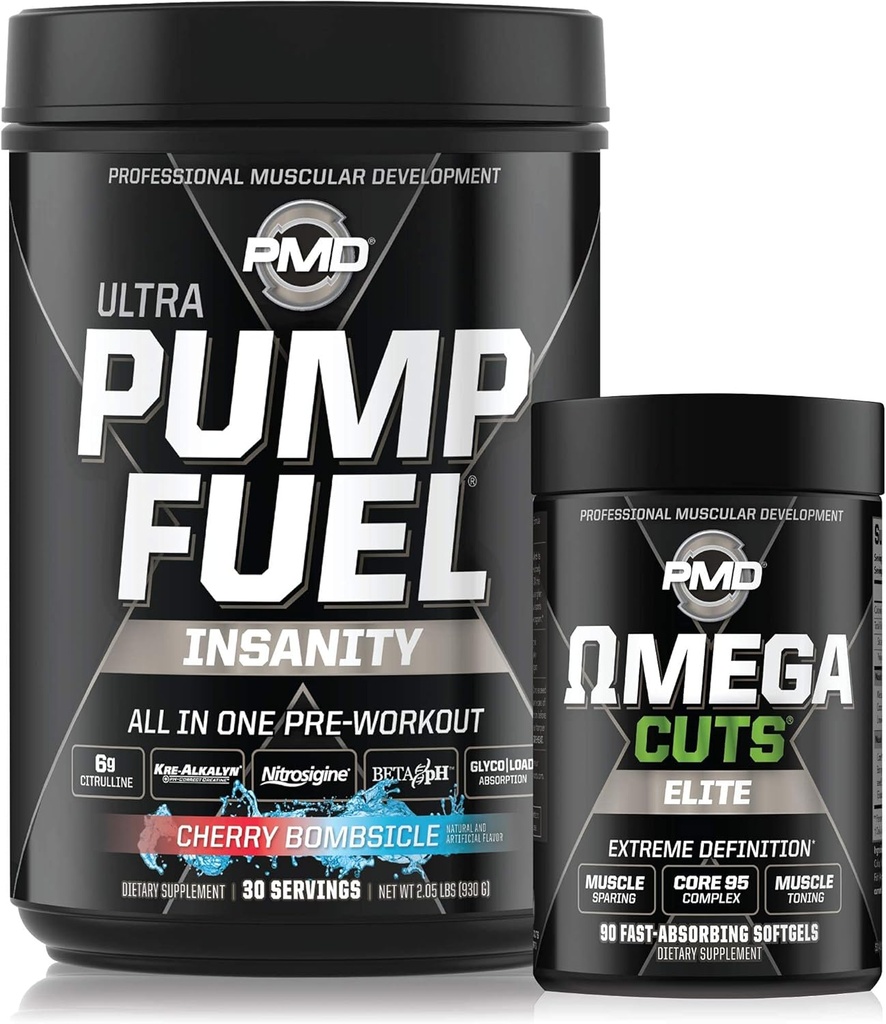 PMD Sport Ultra Pump Fuel Insanity - Pre Workout - Cherry Bombsicle (30 Servere) Sport Omega udskæringer Elite termogene Fat Burner (90 Softgels)