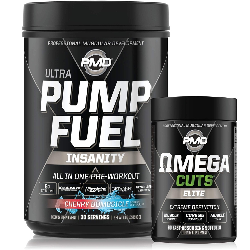 PMD Sport Ultra Pump Fuel Insanity - Pre Workout - Cherry Bombsicle (30 Servere) Sport Omega udskæringer Elite termogene Fat Burner (90 Softgels)