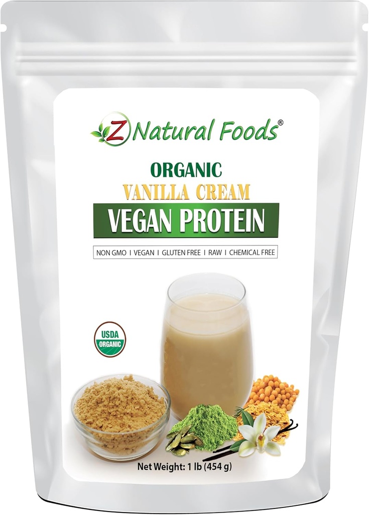 Z Naturlige fødevarer Økologisk Vanilla Cream Vegan Protein Powder, Vanilla Flavored Vegan Protein Supplement, Alle naturlige, Vegan, Non- GMO, 1 lbs