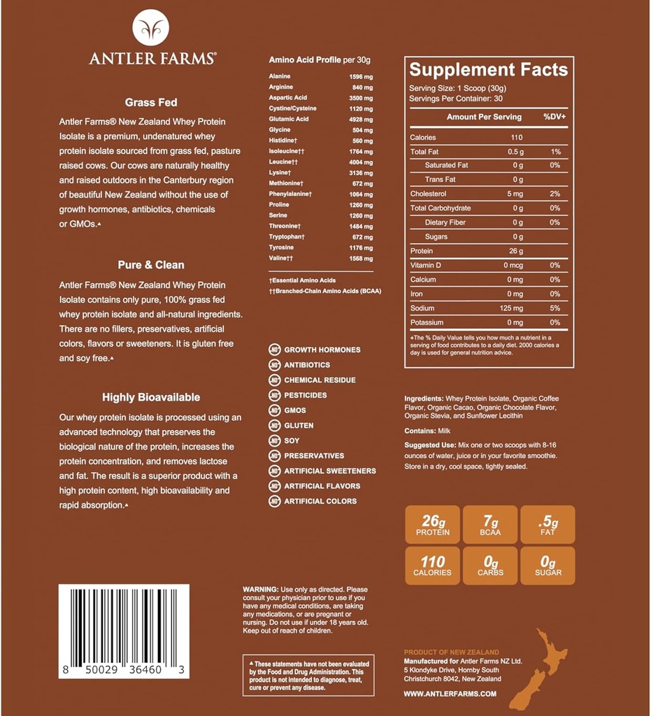 Antler Farms - 100% Græs Fed New Zealand Whey Protein Isolate, Iced Mocha Flavor, 2 lbs - Ren og ren, 6 Ingredienser, Cold Forarbejdede