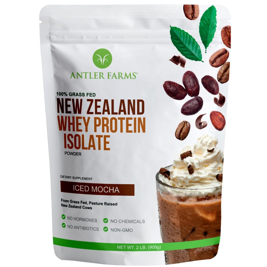 Antler Farms - 100% Græs Fed New Zealand Whey Protein Isolate, Iced Mocha Flavor, 2 lbs - Ren og ren, 6 Ingredienser, Cold Forarbejdede