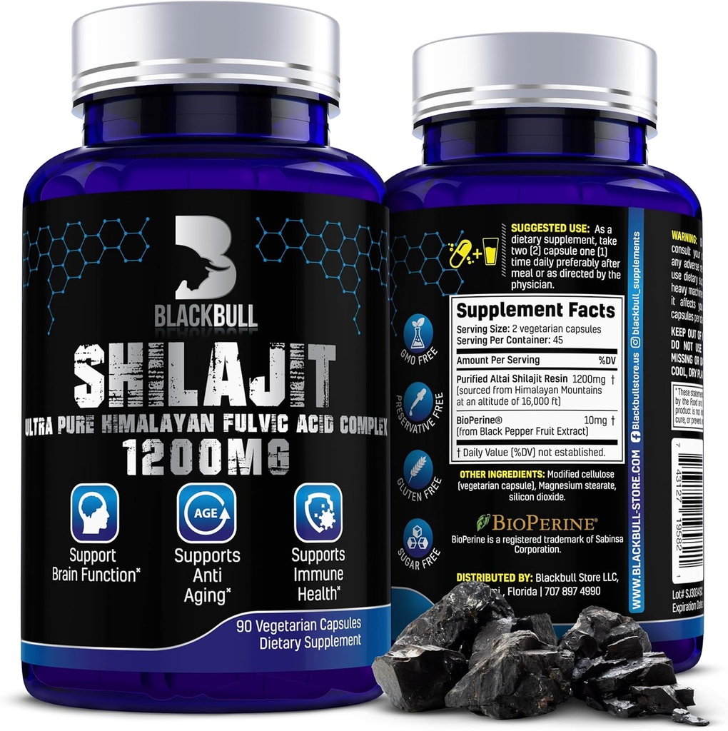 Blackbull Shilajit Pure Himalayan Organic Capsules - Natural Shilajit Resin Organic med 20% Fulvic Acid Supplement, Brain Health, Aging immunsupport - Pure Himalayan Shilajit