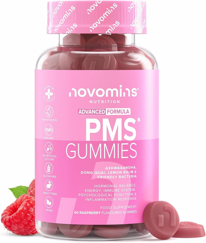 Novomins PMS Gummies med Probiotika - PMS Kosttilskud til kvinder - Hormone Balance- Understøtter Hormone forordning, energi, nervesystemet, kognitiv funktion og immunsystem