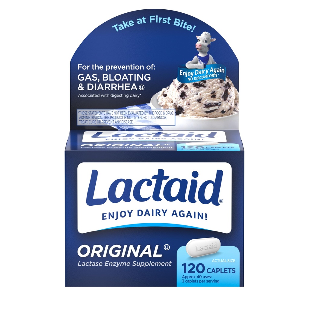 Lactaid Original Strength Lactose Intolerance Pills, 9000 FCC Natural Lactase Enzyme Dairy Relief Caplets, Hjælper forebyggende gas, Bloating & Diarré På grund af laktose følsomhed hos voksne & børn, 120 Tæl