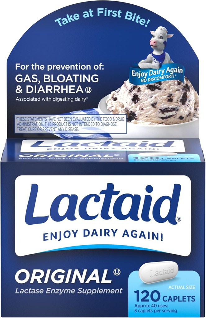 Lactaid Original Strength Lactose Intolerance Pills, 9000 FCC Natural Lactase Enzyme Dairy Relief Caplets, Hjælper forebyggende gas, Bloating & Diarré På grund af laktose følsomhed hos voksne & børn, 120 Tæl