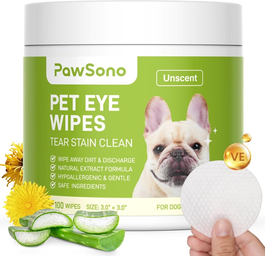 Øjenvipper til hunde & katte, Hypoallergen Hund Eye-vipper Renere, Natural Rengøring Grooming Pet Wipes forsigtigt fjerne tåre spande, øjenrester, udledning, Mucus, Non- Irriterende, Unduft, 100 stk