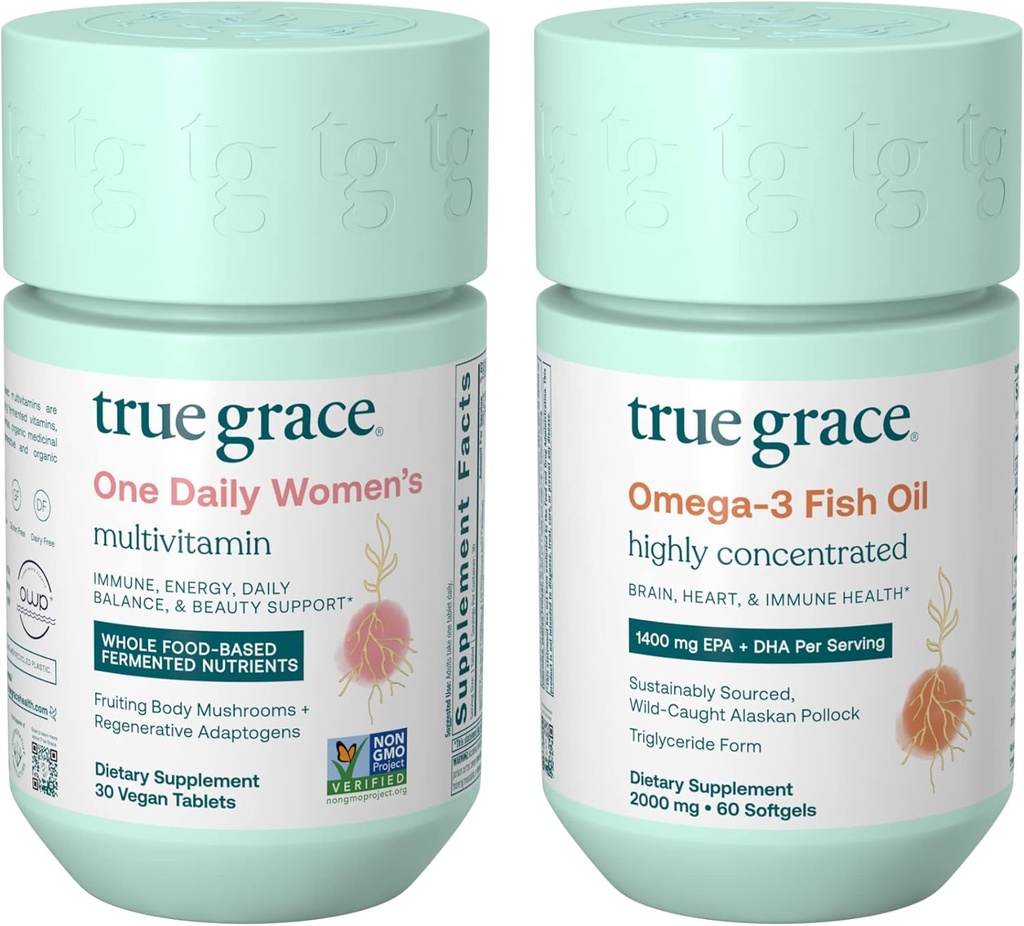 True Grace One Daily Women 's Multivitamin (30 Vegan Tablets) & Omega-3 Fish Oil (60 Softgels) - Gluten Free, Soy Free, Organic - 30-Day Supply of each