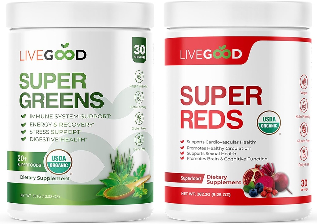 LIVEGOOD ™ Organic Super Greens & Super Red Bundle med Hvede, Barley, Matcha Green Tea, Aloe, Beet Root, Pomegranite, Vegan, Gluten- Free