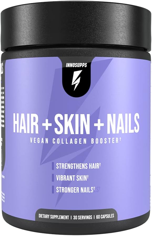 InnoSupps Hår + Hud + Nails Supplementér 124; Vegan Collagen Booster • 124; Biotin, B12, Horsetail Herb Pulver • 124; Stimulere hårvækst, revitalisere hud, Styrke Nails • 124; 60 kapsler