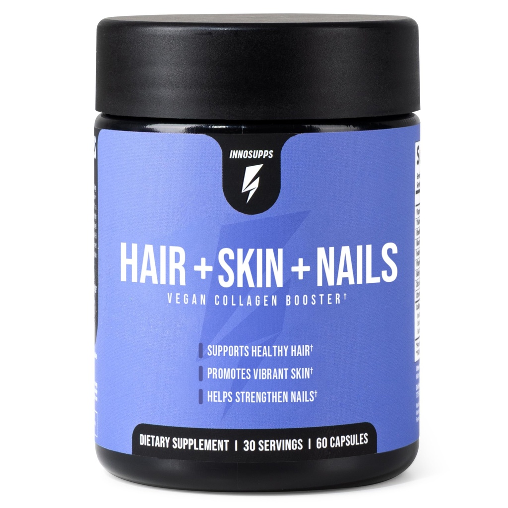 InnoSupps Hår + Hud + Nails Supplementér 124; Vegan Collagen Booster • 124; Biotin, B12, Horsetail Herb Pulver • 124; Stimulere hårvækst, revitalisere hud, Styrke Nails • 124; 60 kapsler