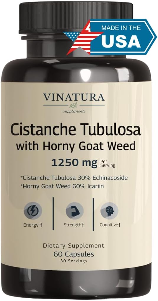 VINATURA Cistanche med Horny Goat Weed 60% Icariin - 1250mg per servering, Cistanche Tubulosa, Cistanche Supplement Mænd, Energi, Styrke Kognitiv * USA Made and Tested * - 60 kapsler 30 Servering