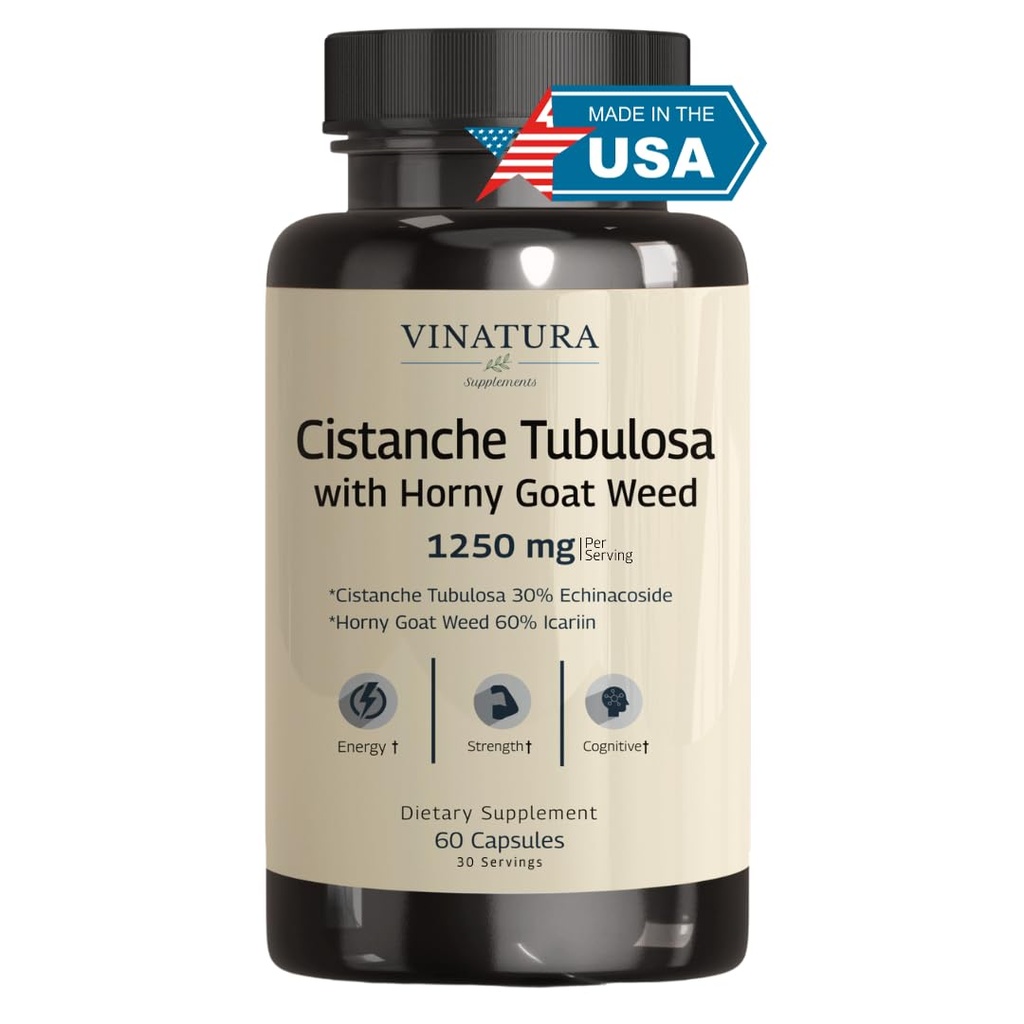VINATURA Cistanche med Horny Goat Weed 60% Icariin - 1250mg per servering, Cistanche Tubulosa, Cistanche Supplement Mænd, Energi, Styrke Kognitiv * USA Made and Tested * - 60 kapsler 30 Servering