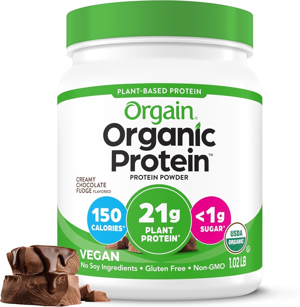 Orgain Organic Vegan Protein Powder, Creamy Chocolate Fudge - 21g Plant Protein, 7g Prebiotic Fiber, Low Net Carb, Ingen laktoseingredienser, Ingen tilsat sukker, Non- GMO, For Shakes & Smoothies, 1.02 lb