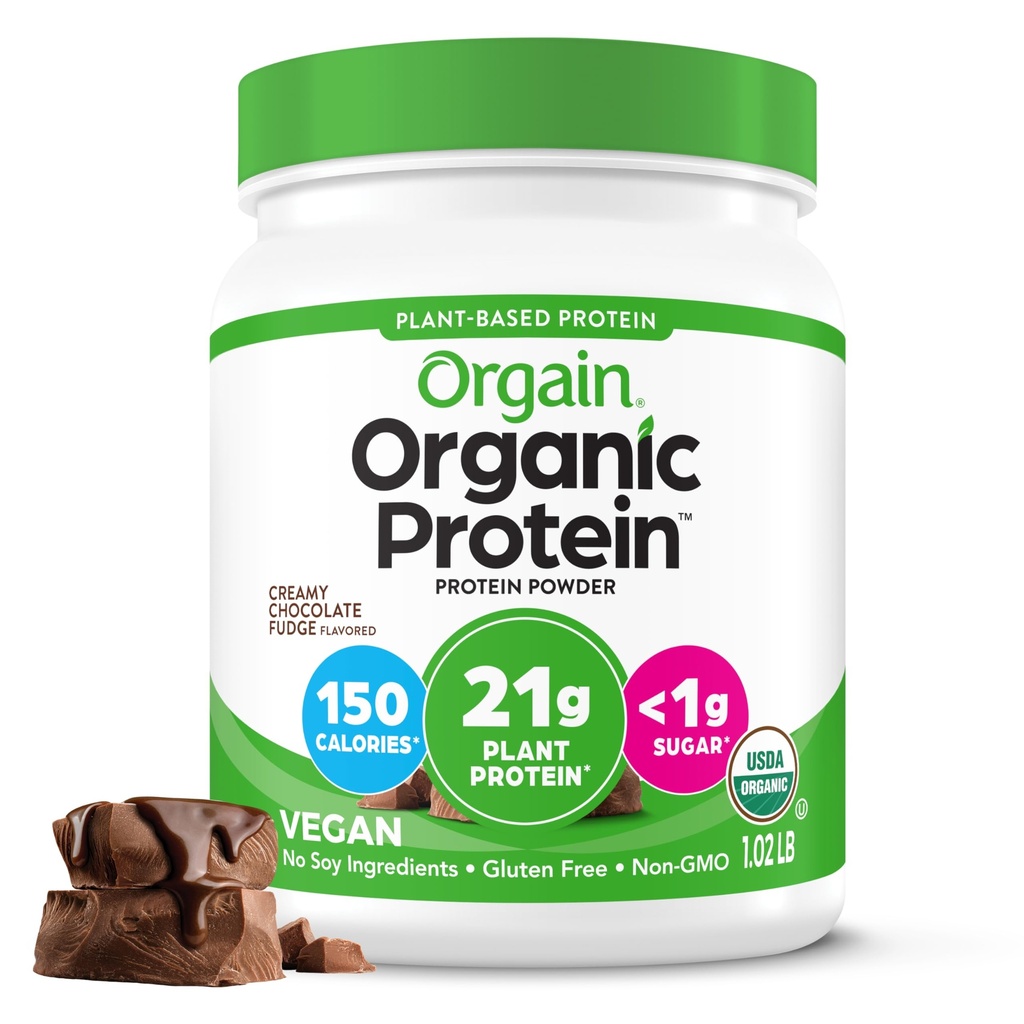 Orgain Organic Vegan Protein Powder, Creamy Chocolate Fudge - 21g Plant Protein, 7g Prebiotic Fiber, Low Net Carb, Ingen laktoseingredienser, Ingen tilsat sukker, Non- GMO, For Shakes & Smoothies, 1.02 lb