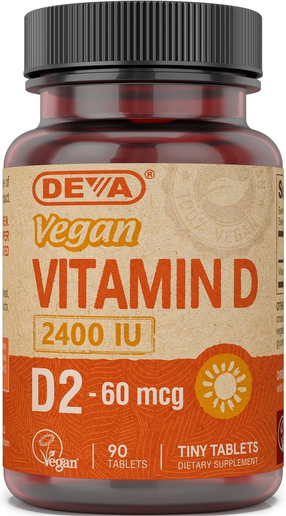 DEVA Vegan Vitamin D2 60 mcg 2400 IE, Ergocalciferol tillæg med ingen animalske ingredienser, 90 tabletter, 1- pakning