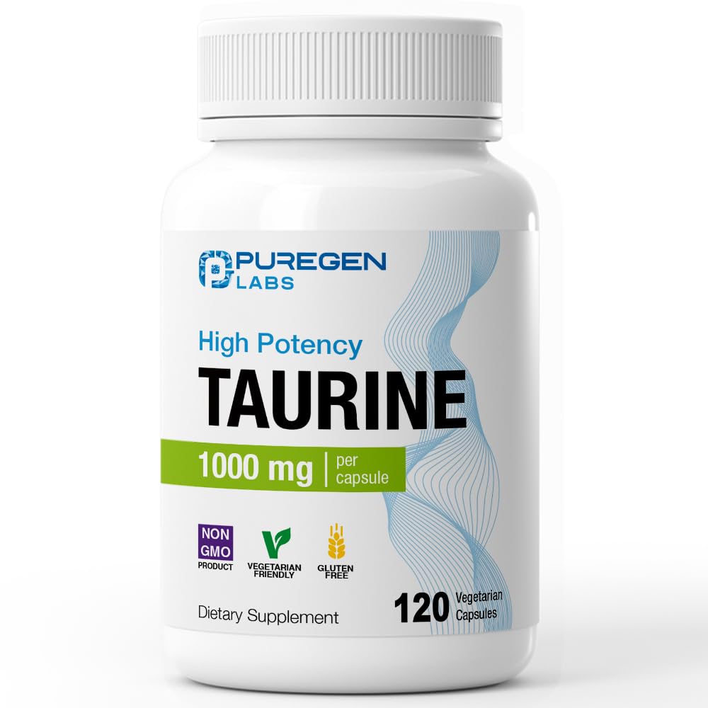 Puregen Labs Taurine 1000mg [høj potens] 120 Veg Kapsler Budding124; Ingen skadelige Additiver Budding124; Non- GMO, NO Gluten og Dairy, understøtter hjerte sundhed og muskel Inddrivelse Budding124; 120 Servering Budding124; Lavet i USA