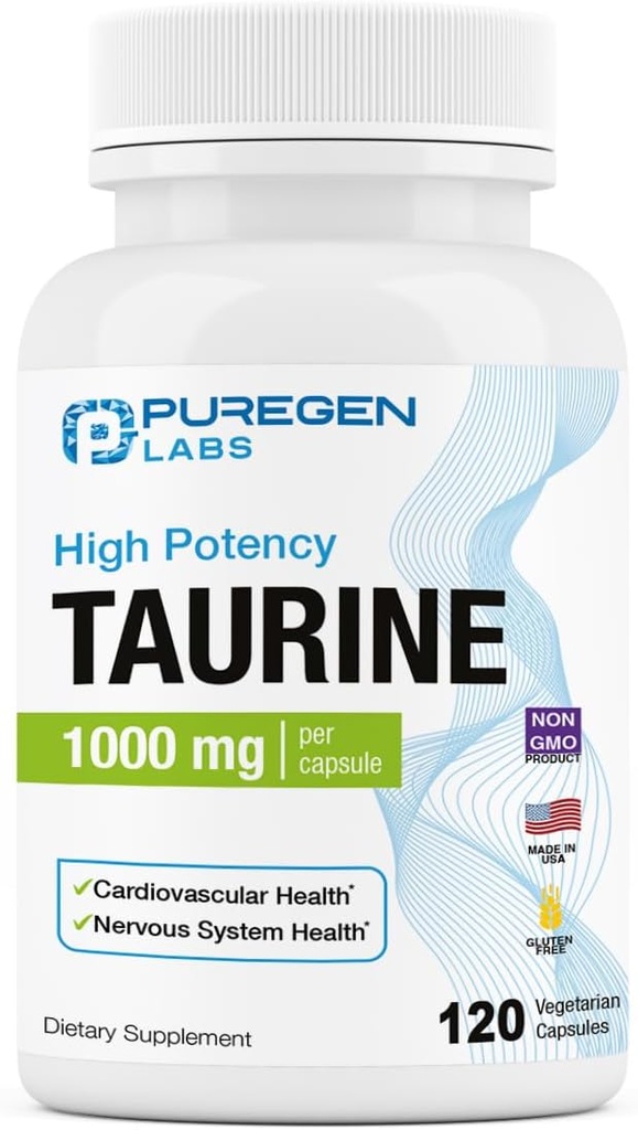 Puregen Labs Taurine 1000mg [høj potens] 120 Veg Kapsler Budding124; Ingen skadelige Additiver Budding124; Non- GMO, NO Gluten og Dairy, understøtter hjerte sundhed og muskel Inddrivelse Budding124; 120 Servering Budding124; Lavet i USA