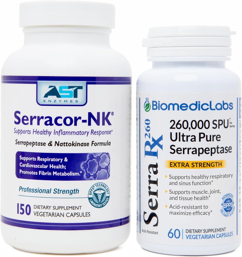 Serracor- NK & Serra- RX 260.000 SU - Scar Tissue Bundle (150 kapsler & 60 kapsler) - Acid- resistent Serrapeptase Proteolytisk systemisk enzym, Respiratory & Lung Support