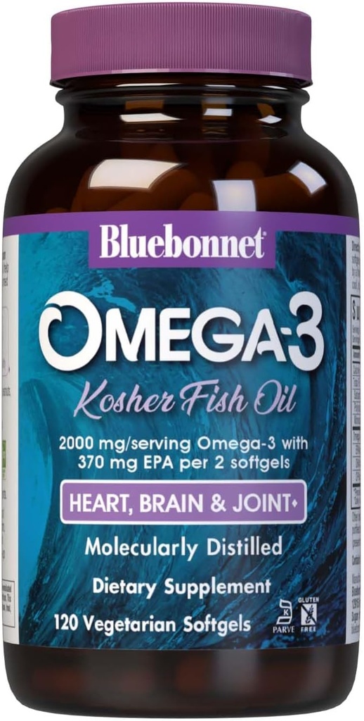 Bluebonnet Nutrition Omega-3 Kosher Fish Oil, Natural Triglyceride Form, Gluten-Free, Dairy-Free, Kosher Certified, Non-GMO, 3rd Party Tested, Molecularly Distilled, 120 Vegetarian Softgel, 60 Serving