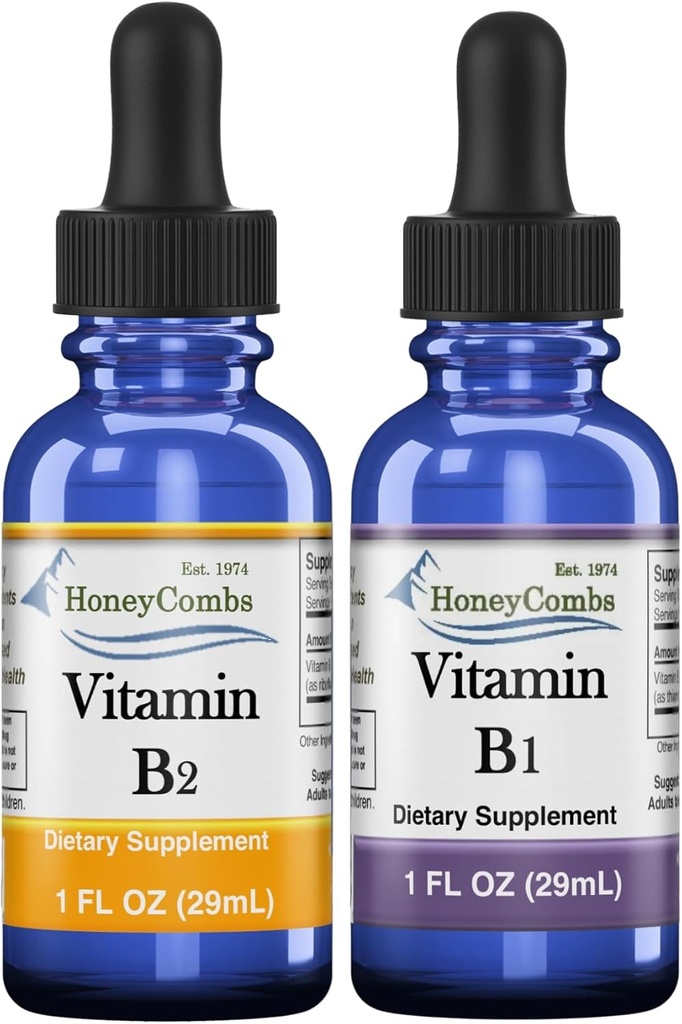 HoneyCombs High Potency Vitamin B1 (Thiamin) & B2 (Riboflavin) Drops - Vegan, Non- GMO, Alkoholfri væske til sundhed, fordøjelse, hår, hud og negle
