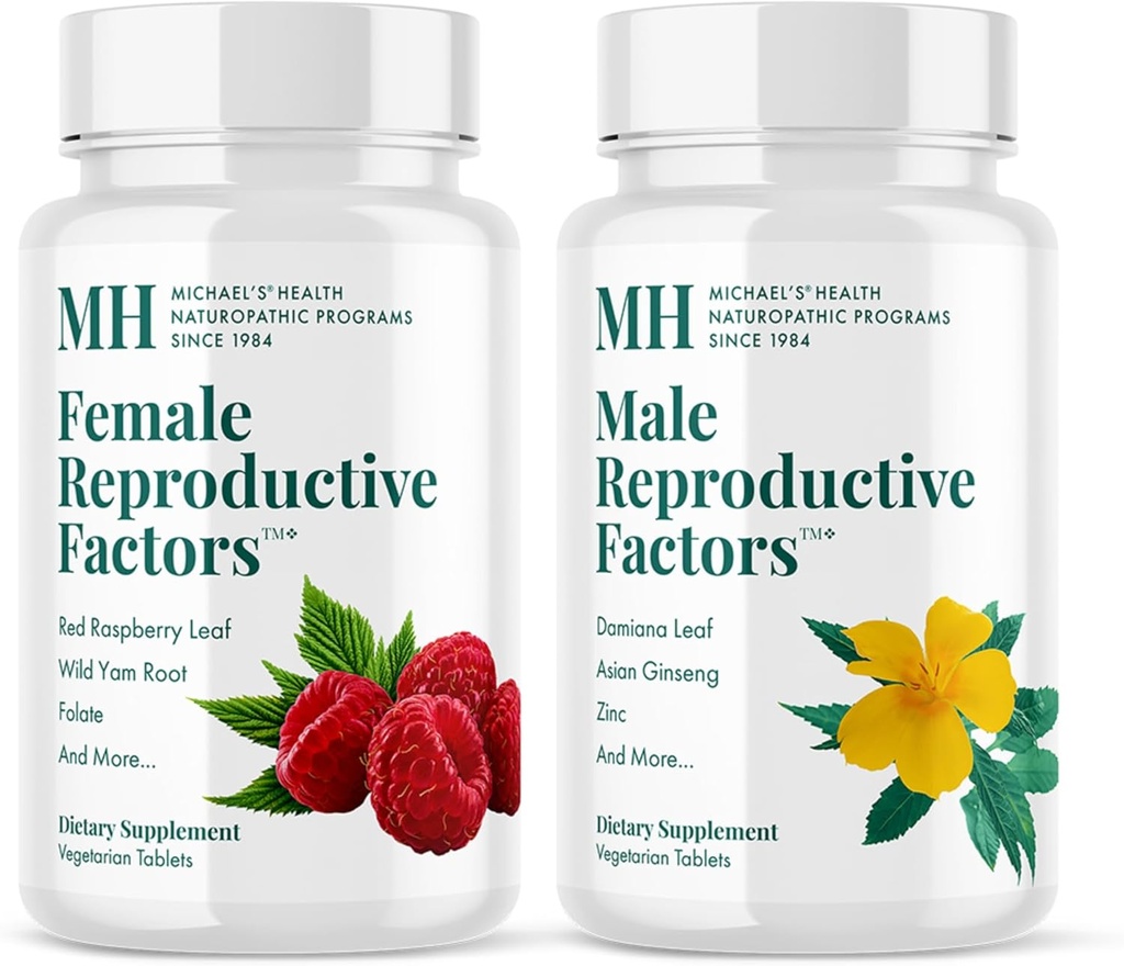 MICHAEL 'S Sundhed Naturopatiske programmer Mand & kvindelige reproduktive faktorer Par' Pack - 60 Vegetariske tabletter Per flaske - Næringsstoffer til Conception Support - 20 Servering Per flaske