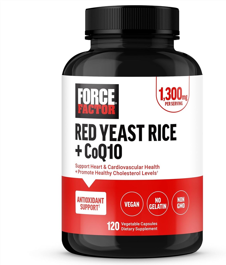 FORCE FACTOR Red Yeast Rice + CoQ10 Supplement til Antioxidant Support, Non- GMO, Vegan- Friendly, Premium kvalitet, 120 kapsler