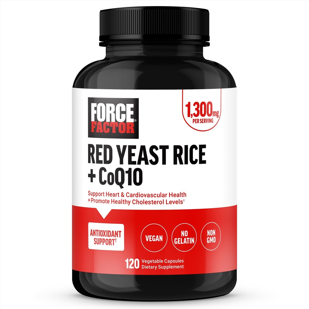 FORCE FACTOR Red Yeast Rice + CoQ10 Supplement til Antioxidant Support, Non- GMO, Vegan- Friendly, Premium kvalitet, 120 kapsler