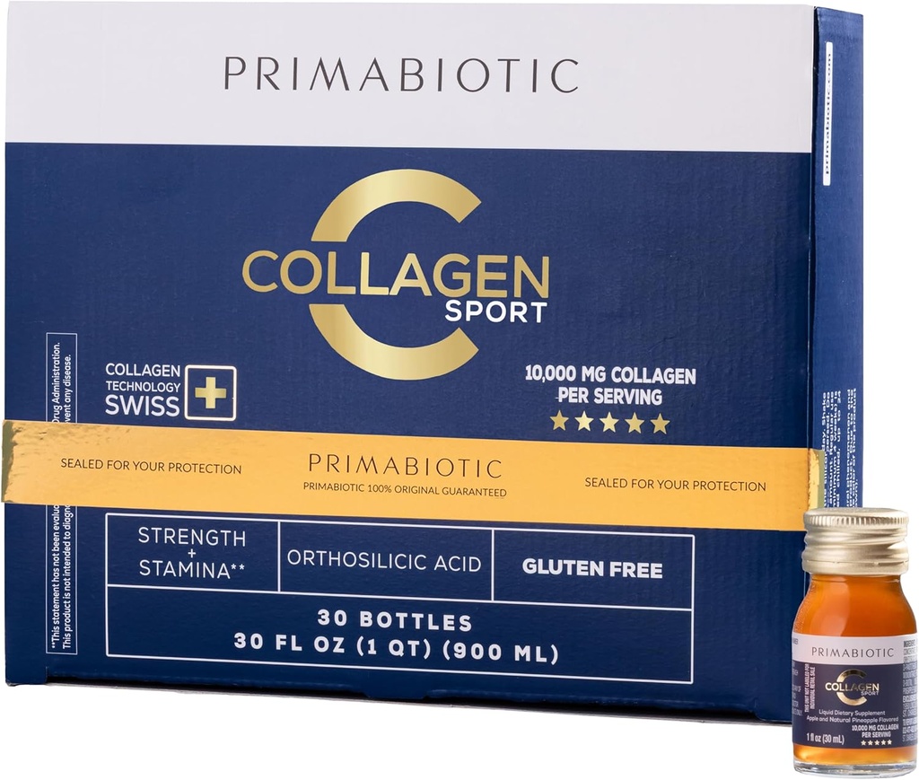 PRIMABIOTIC Flydende collagen Sport- High Collagen Indhold [10.000 Mg] Per Servering - Hydrolyseret collagen drik og 12 Vitaminer Orthosilica Acid • 124; Hjælper ben sundhed, hår, negle • 124; (30 flasker x 30 ML)