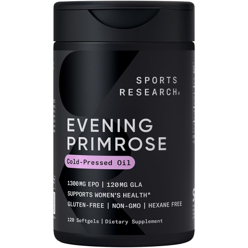 Sports Research ® Evening Primrose Oil 1300mg, 120 kapsler - 10% GLA, Cold- presset, Gluten & Soy Free