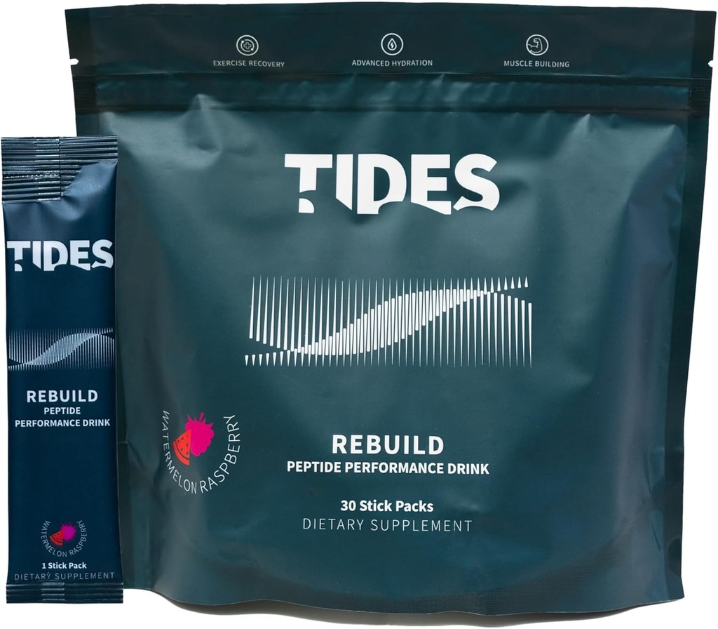 Tides Rebuild Complex Peptide Stick Pack, Watermelon Rasberry, Flavored Powder Drink Mix pakker til muskel sundhed støtte, 30 Stick Packs