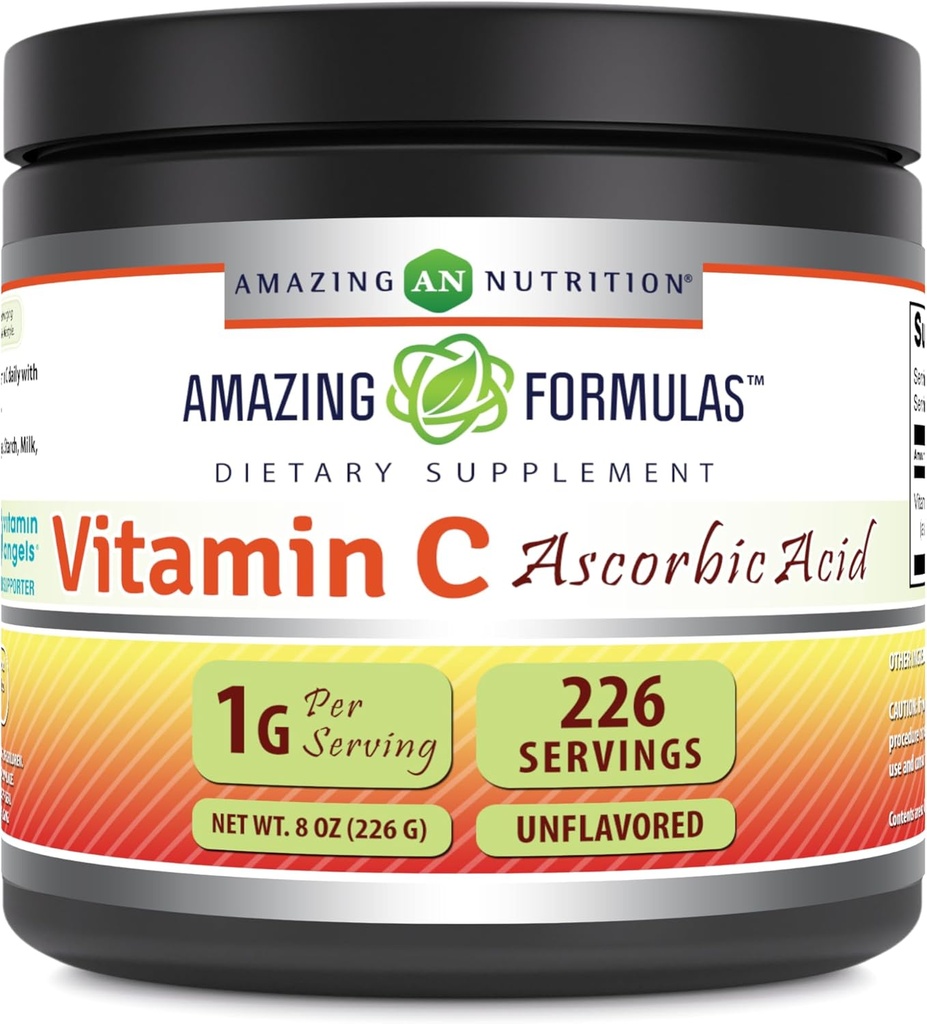 Amazing Formulas C-vitamin (Ascorbic Acid) 8 Oz Powder Supplement- 124; 1 Gram Per Servering - 124; 226 Servering - 124; Non- GMO - 124; Gluten Free - 124; Fremstillet i USA