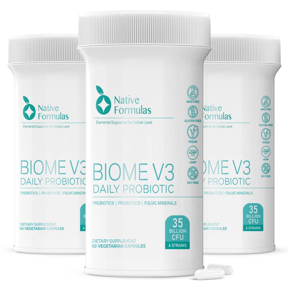 Native Formulas Biome V3 Probiotic, Prebiotic, & Fulvic Minerals Kosttilskud - 35 Millioner CFU - 6 Stammer - 180 Vegan Kapsler - Kvinder & Mænd - FODMAP Friendly støtter fordøjelse, immunforsvar & Gut Sundhed