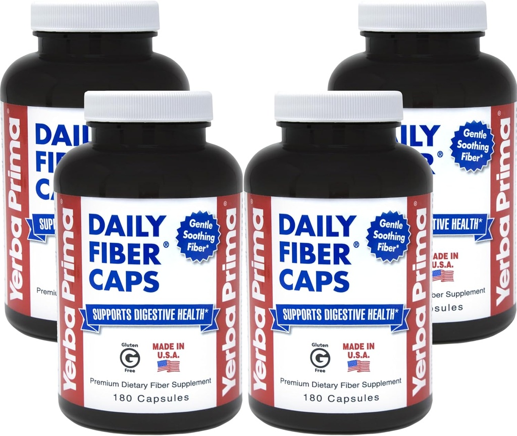 Yerba Prima Daily Fiber Caps - 180 Kapsler, (pakke af 4) - Opløselig & uopløselig kostfibre supplement - Colon Cleanse - Gut Health - Vegan, Non- GMO, Gluten- fri